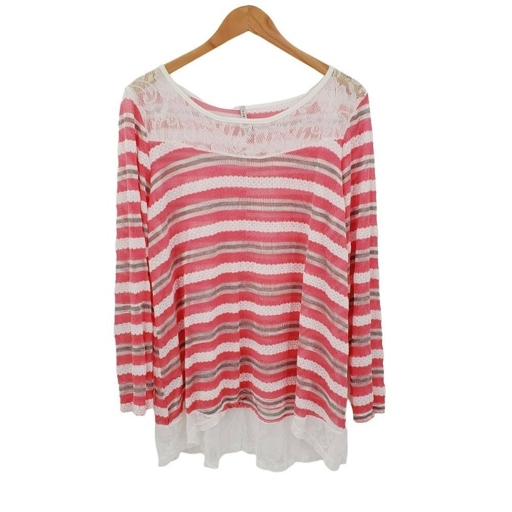 Womens Pink Striped Hi-Low Tunic Top‎ 3X Long Sleeve Scoop Neck Lace Yummy Plus